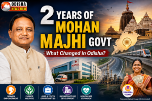Mohan Majhi government completes two years in Odisha, highlighting welfare schemes, infrastructure projects, healthcare expansion and development initiatives across the state.