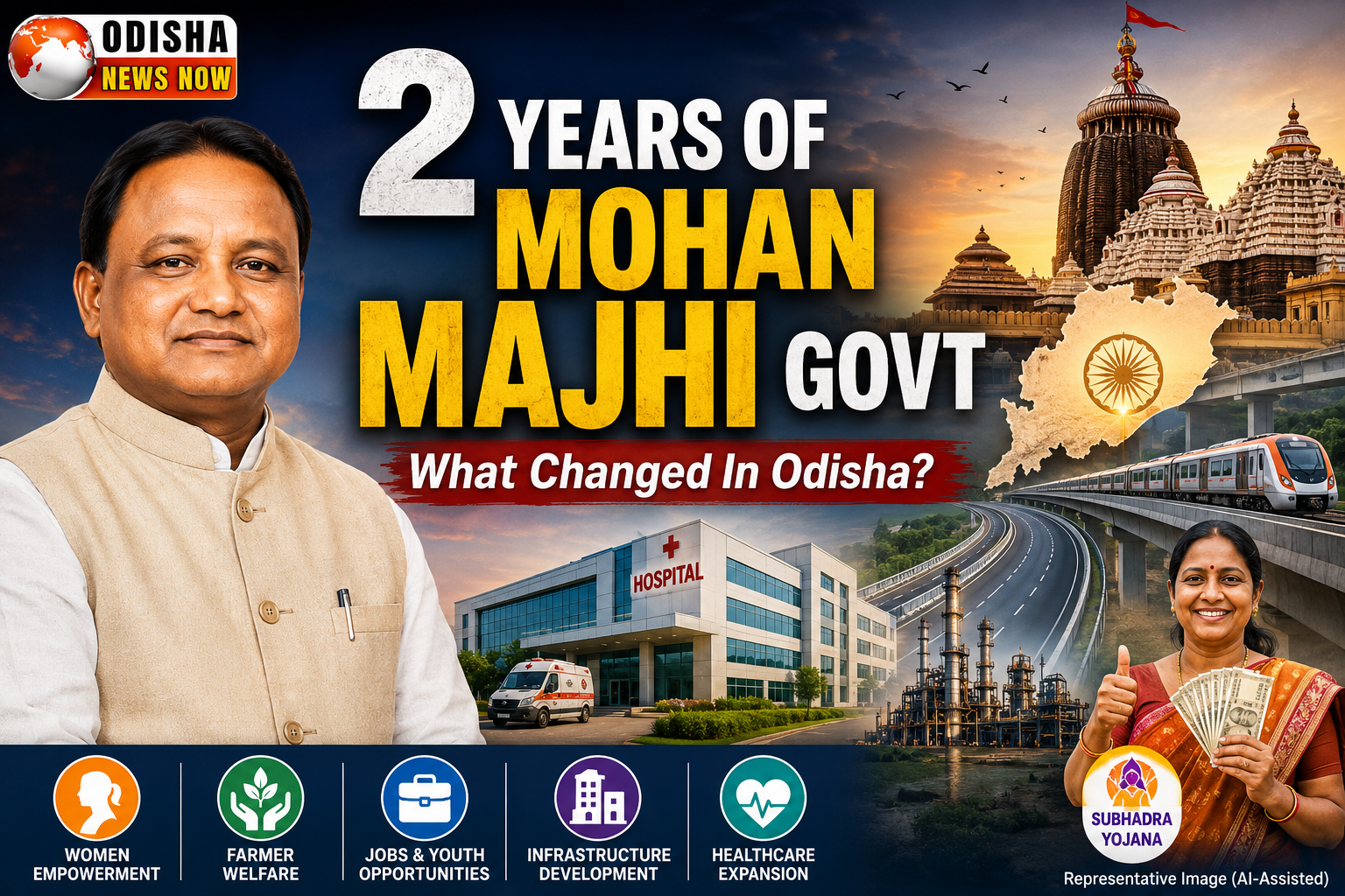 Mohan Majhi government completes two years in Odisha, highlighting welfare schemes, infrastructure projects, healthcare expansion and development initiatives across the state.