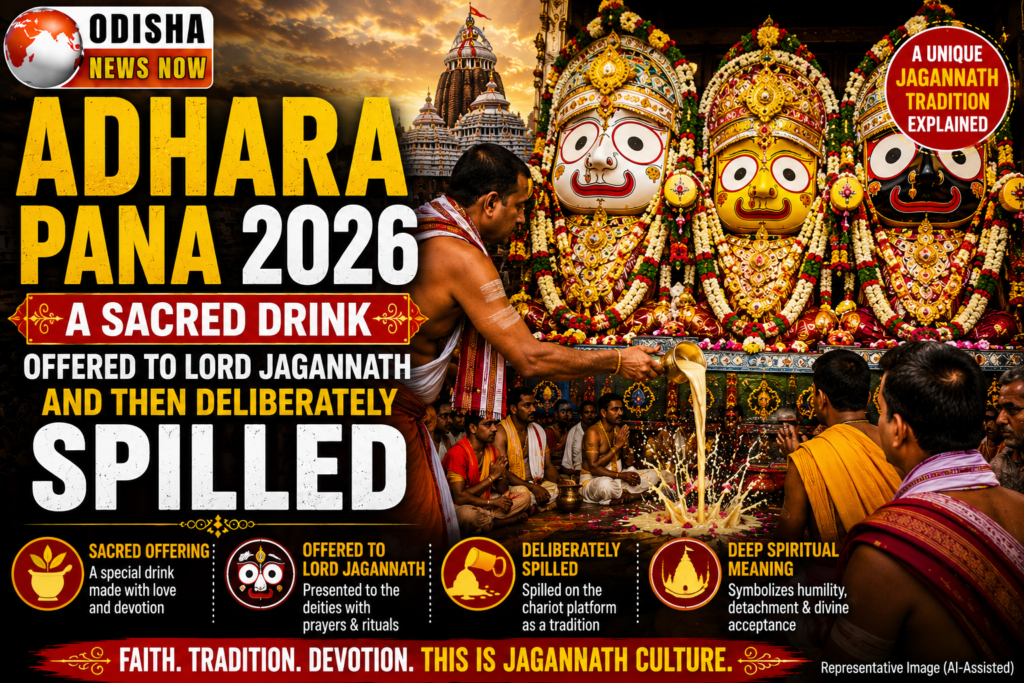 Adhara Pana 2026 ritual showing a sacred drink being offered to Lord Jagannath, Lord Balabhadra and Devi Subhadra before being ceremonially spilled in Puri, Odisha.