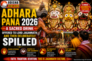 Adhara Pana 2026 ritual showing a sacred drink being offered to Lord Jagannath, Lord Balabhadra and Devi Subhadra before being ceremonially spilled in Puri, Odisha.