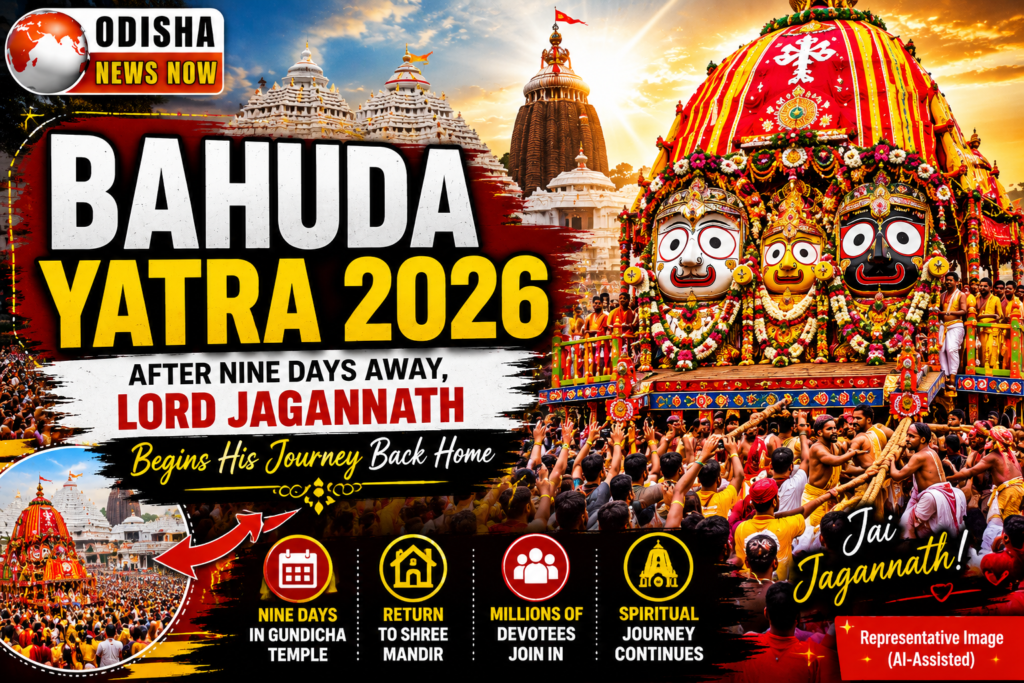 Lord Jagannath begins Bahuda Yatra 2026, the sacred return journey from Gundicha Temple to Jagannath Temple in Puri, Odisha.