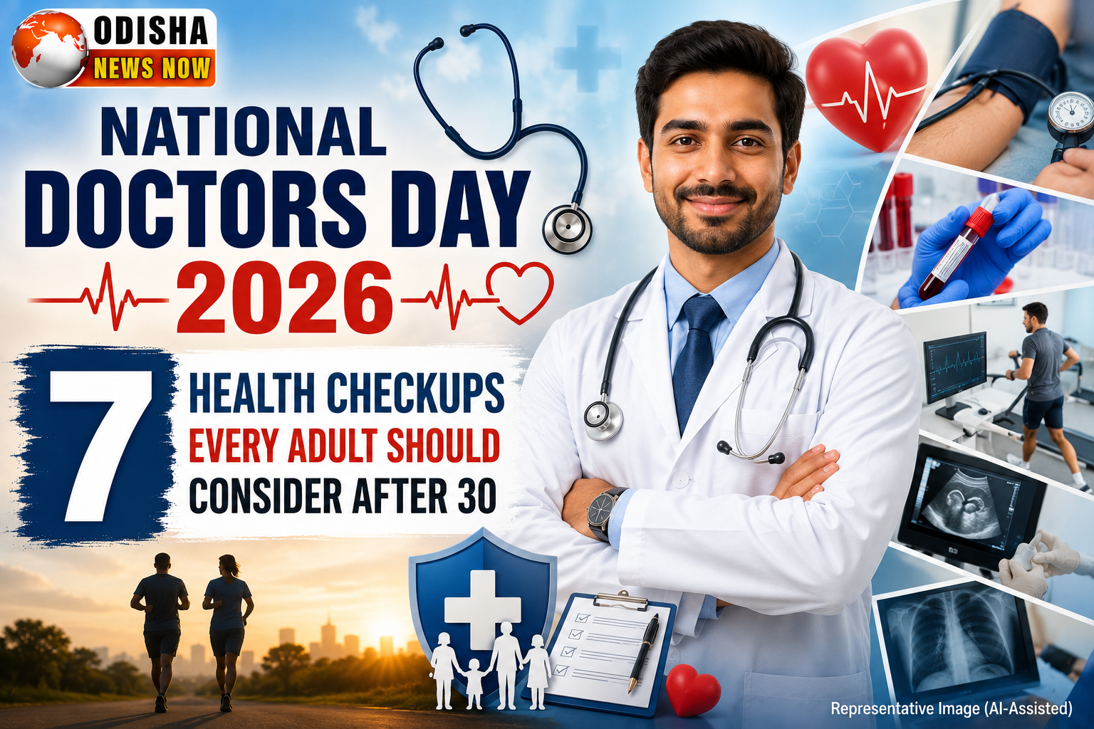 Doctor recommending seven health screenings after age 30 on National Doctors Day 2026 awareness campaign.