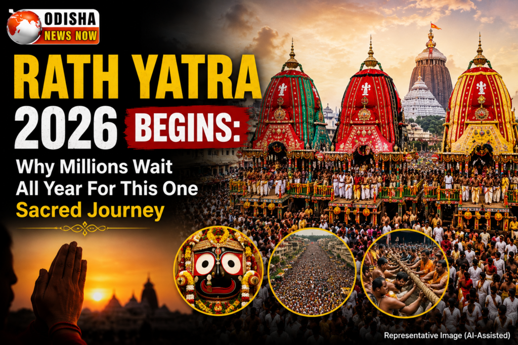 Rath Yatra 2026 in Puri featuring the grand chariots of Lord Jagannath, Balabhadra and Subhadra during Odisha's biggest religious festival.