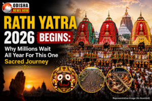 Rath Yatra 2026 in Puri featuring the grand chariots of Lord Jagannath, Balabhadra and Subhadra during Odisha's biggest religious festival.