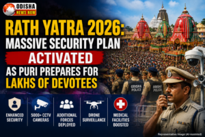Rath Yatra 2026 in Puri featuring Odisha Police security arrangements, CCTV monitoring and crowd control measures.