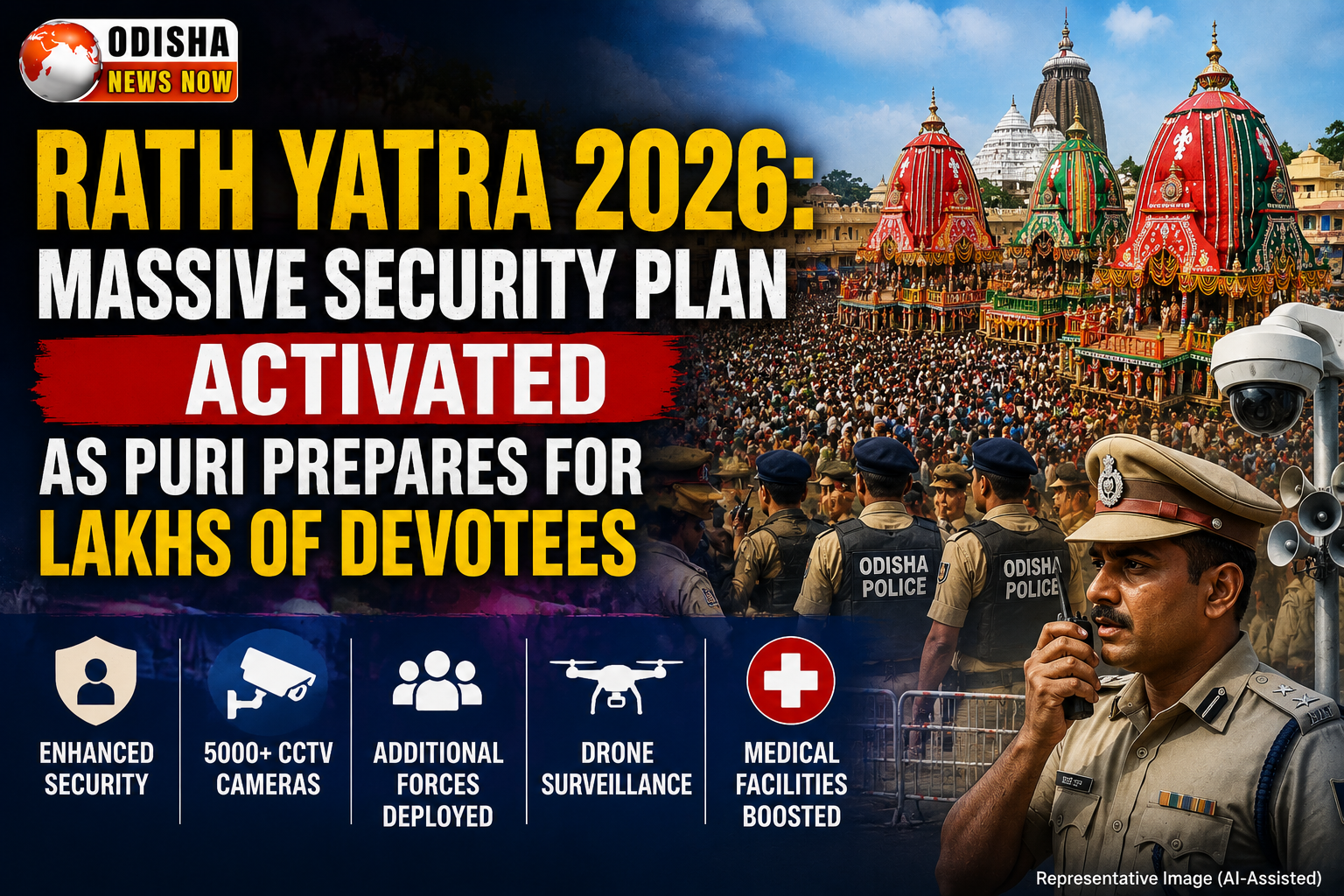 Rath Yatra 2026 in Puri featuring Odisha Police security arrangements, CCTV monitoring and crowd control measures.