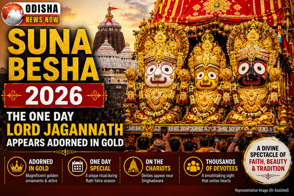 Lord Jagannath, Lord Balabhadra and Devi Subhadra adorned in gold during Suna Besha 2026 on their chariots in Puri, Odisha.