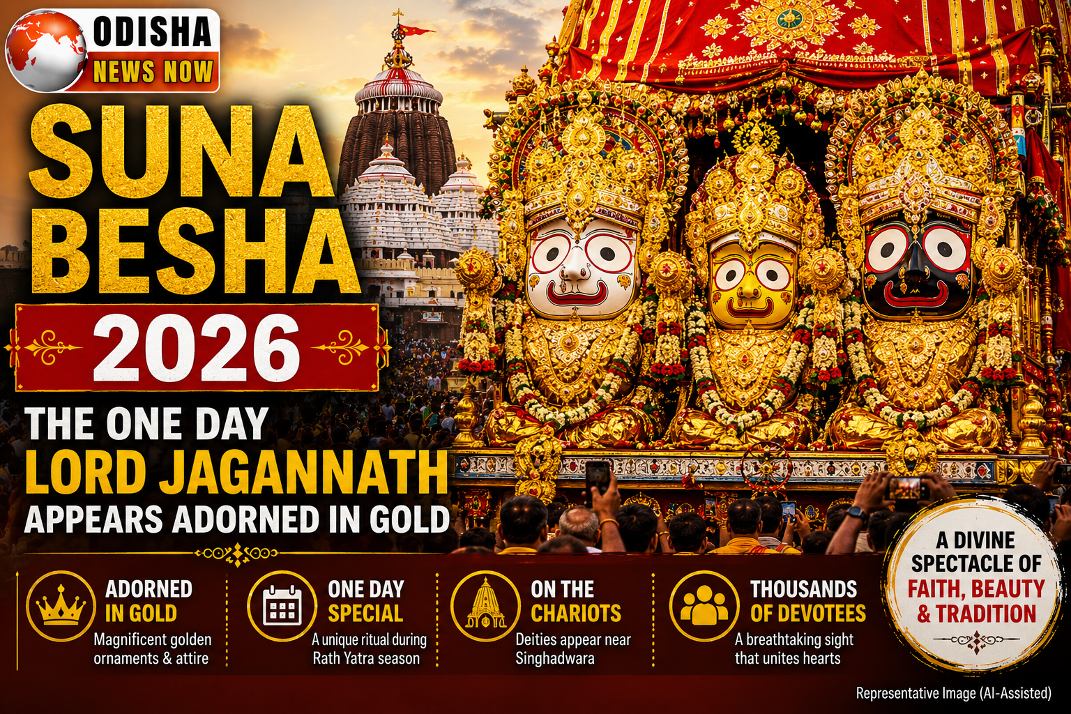Lord Jagannath, Lord Balabhadra and Devi Subhadra adorned in gold during Suna Besha 2026 on their chariots in Puri, Odisha.