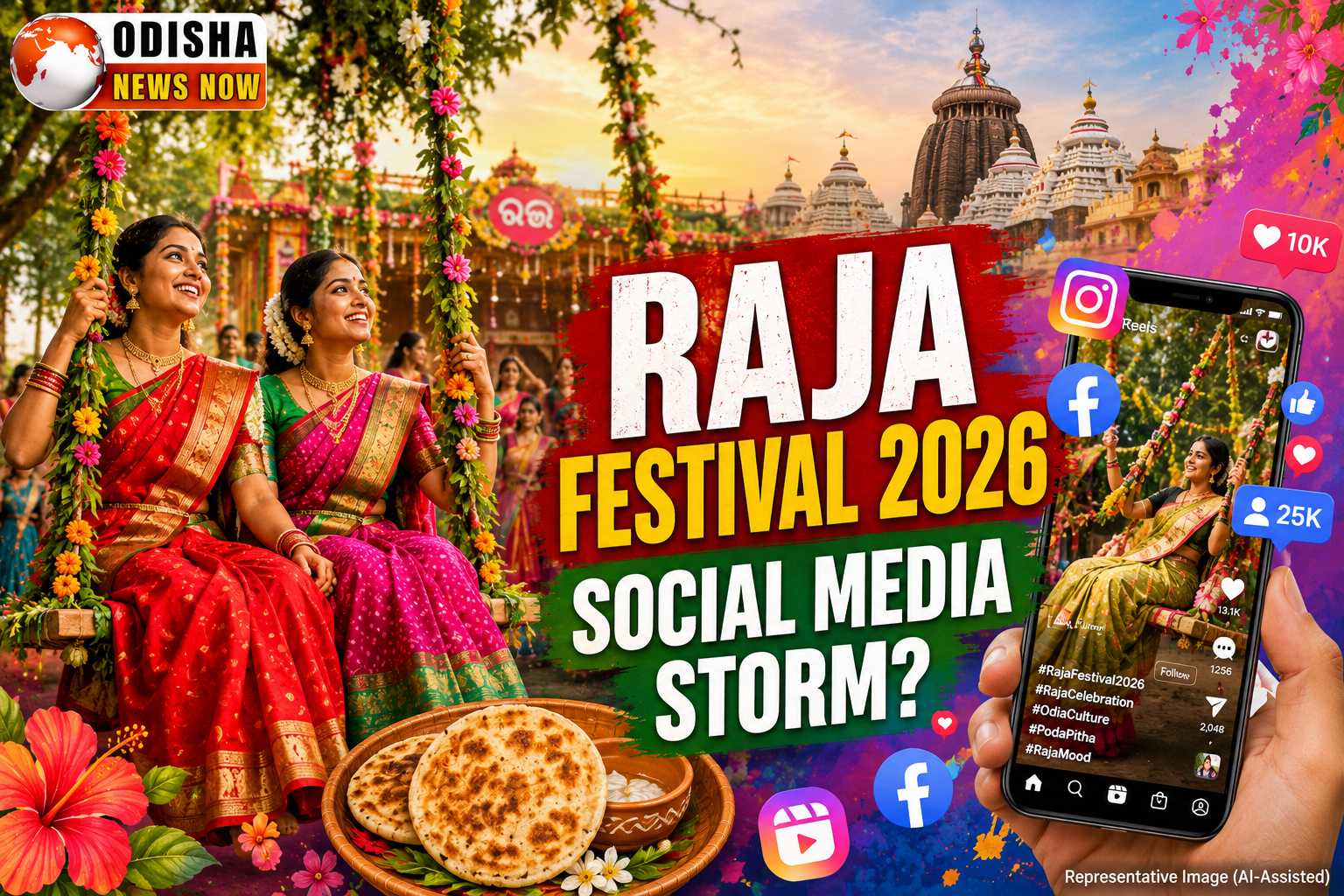 Raja Festival 2026 celebration in Odisha featuring traditional swings, cultural festivities and social media engagement, represented through an AI-assisted illustration.