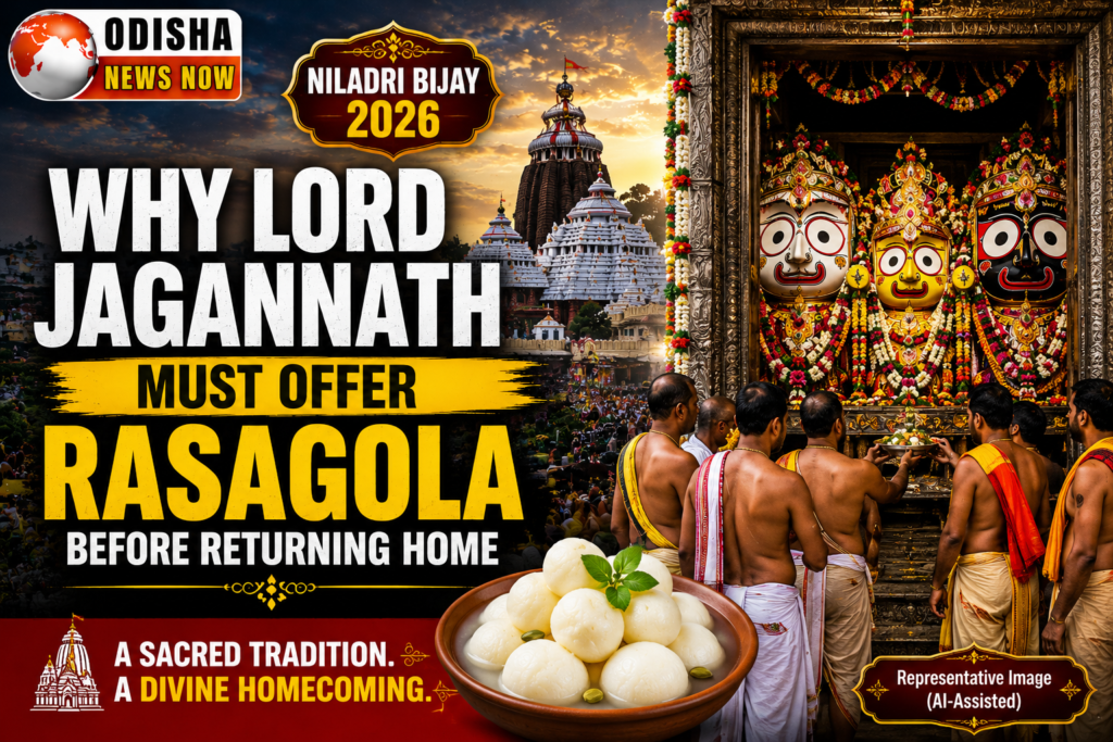 Niladri Bijay 2026 ritual where Lord Jagannath offers Rasagola to Goddess Lakshmi before returning to the Jagannath Temple in Puri, Odisha.