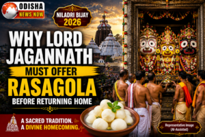 Niladri Bijay 2026 ritual where Lord Jagannath offers Rasagola to Goddess Lakshmi before returning to the Jagannath Temple in Puri, Odisha.